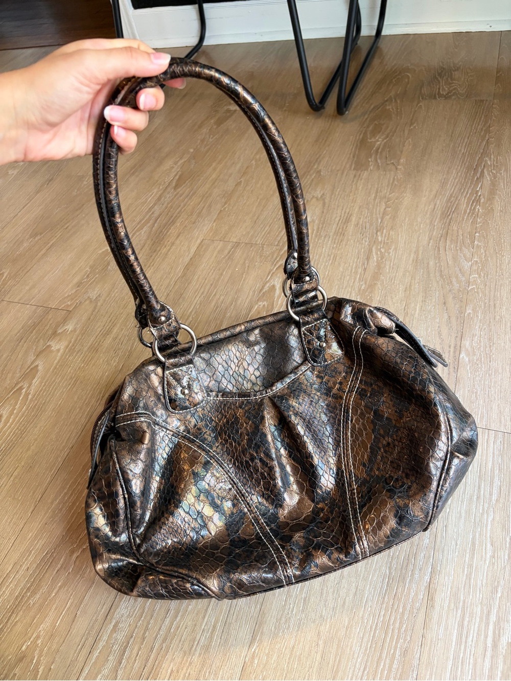 Y2K Brown Snake-Print Shoulder Bag w/ Silver Hardware